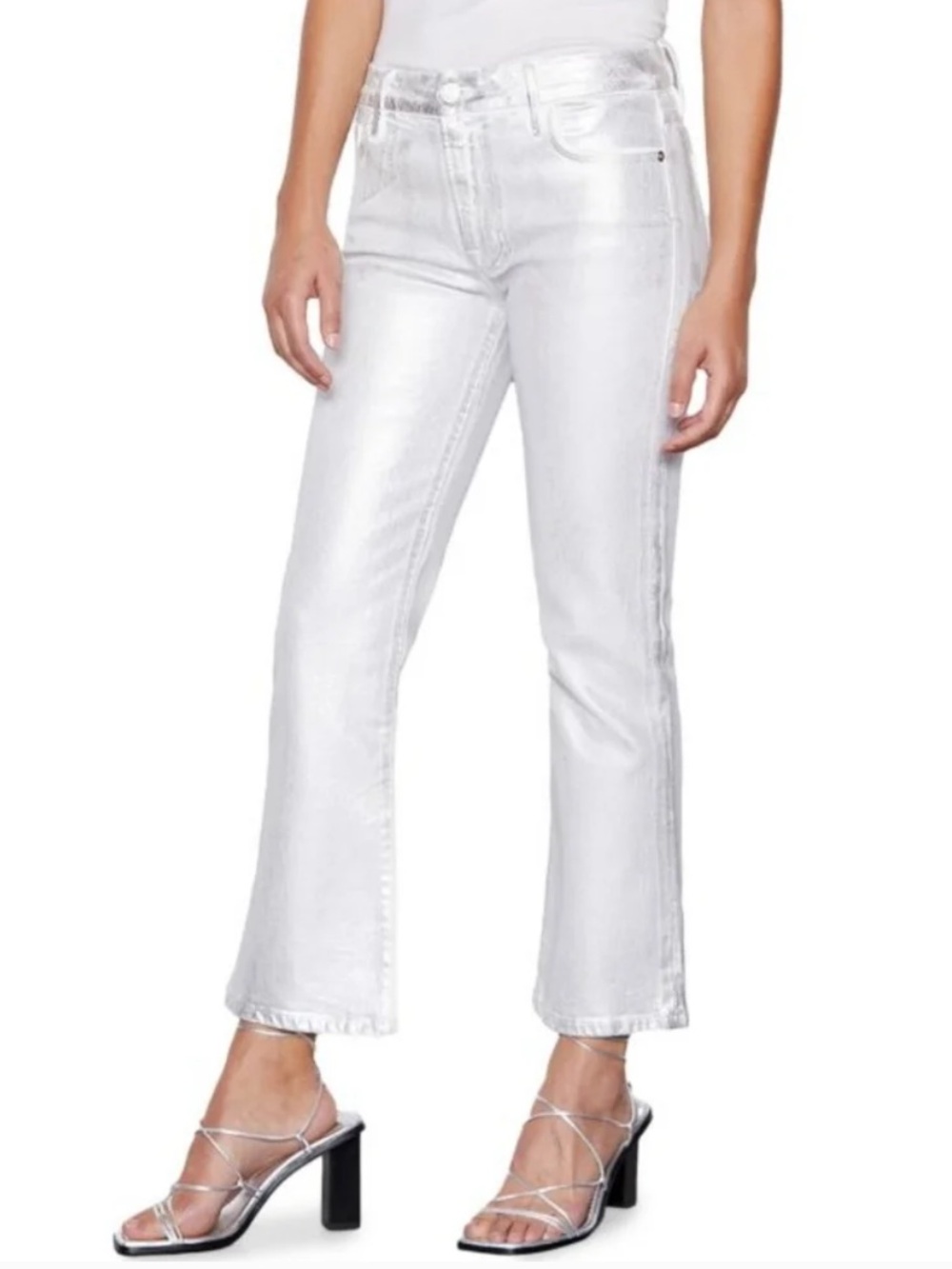 Frame Denim White Metallic Flared Crop Jeans